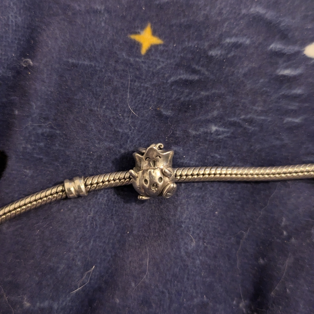 Silver Charm Bracelet with Cat Bead